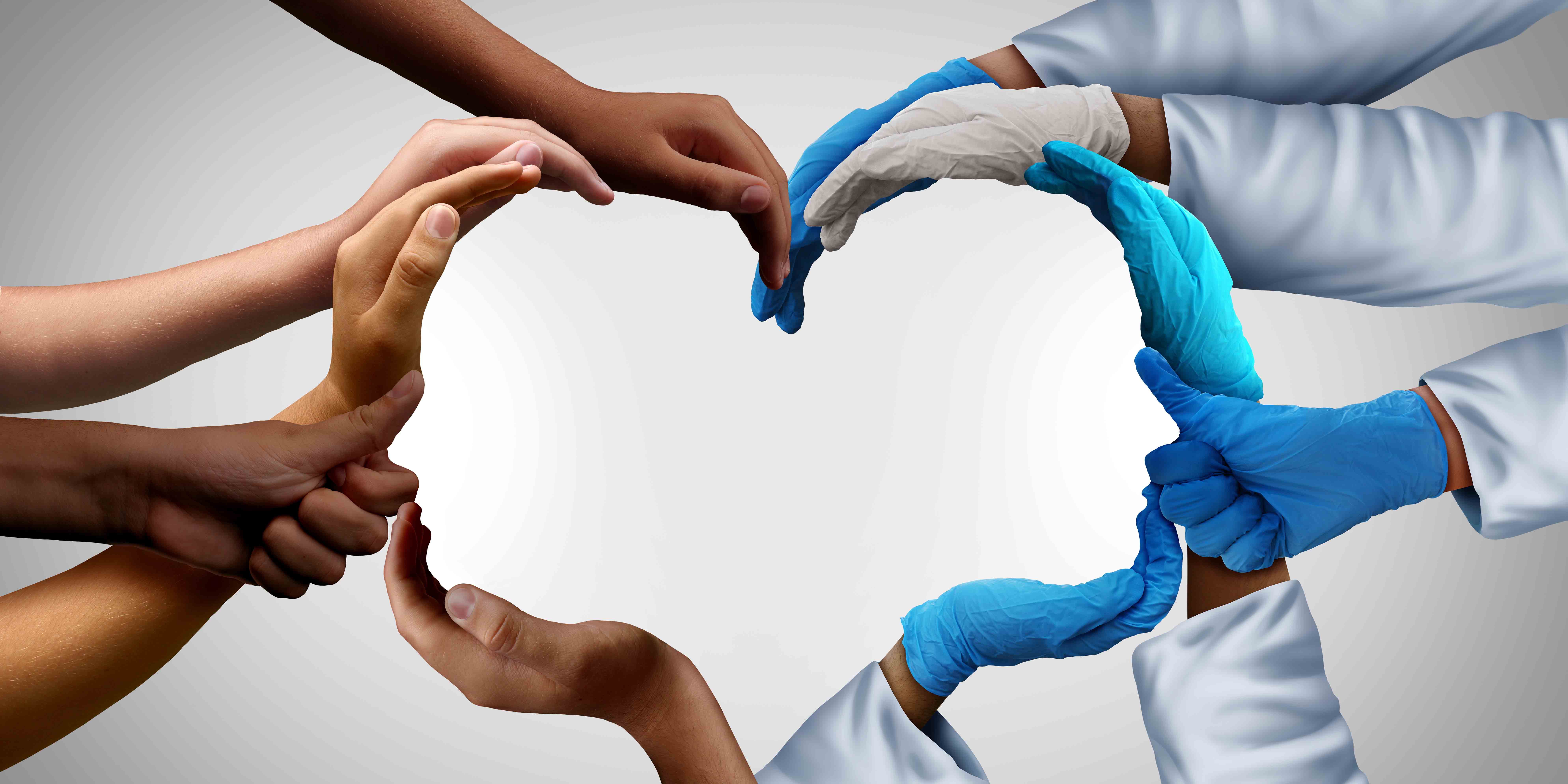 Image banner of medical and consumer hands forming a heart